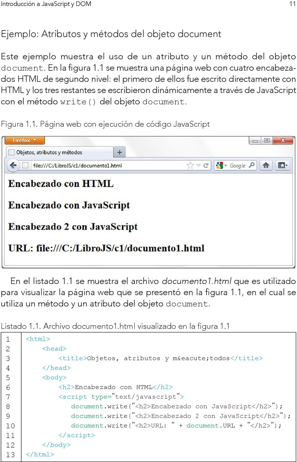 JavaScript con el método write() del objeto document. Figura 1.1. Página web con ejecución de código JavaScript En el listado 1.1 se muestra el archivo documento1.