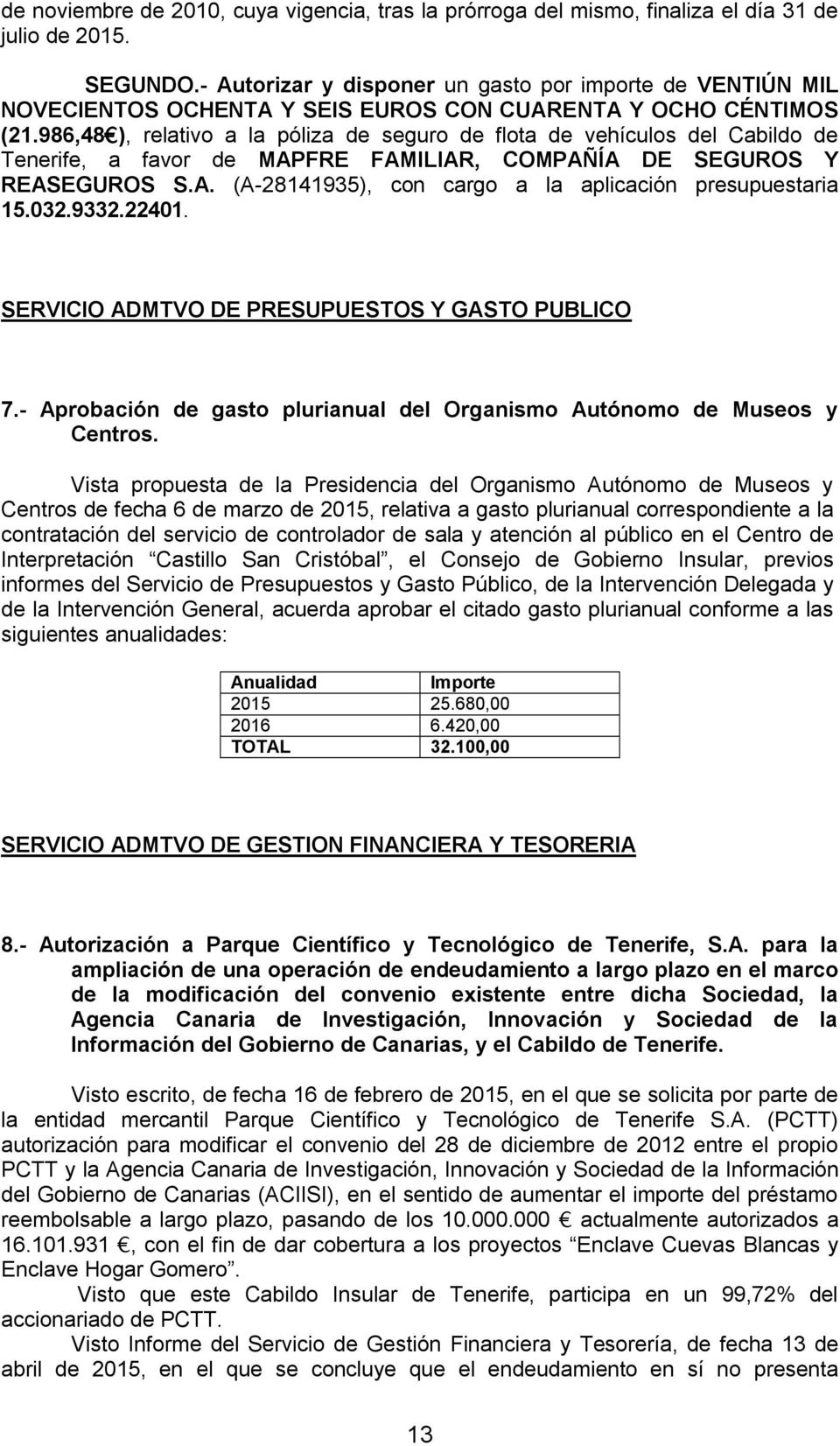 986,48 ), relativo a la póliza de seguro de flota de vehículos del Cabildo de Tenerife, a favor de MAPFRE FAMILIAR, COMPAÑÍA DE SEGUROS Y REASEGUROS S.A. (A-28141935), con cargo a la aplicación presupuestaria 15.