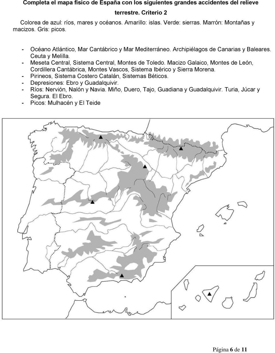 - Meseta Central, Sistema Central, Montes de Toledo. Macizo Galaico, Montes de León, Cordillera Cantábrica, Montes Vascos, Sistema Ibérico y Sierra Morena.