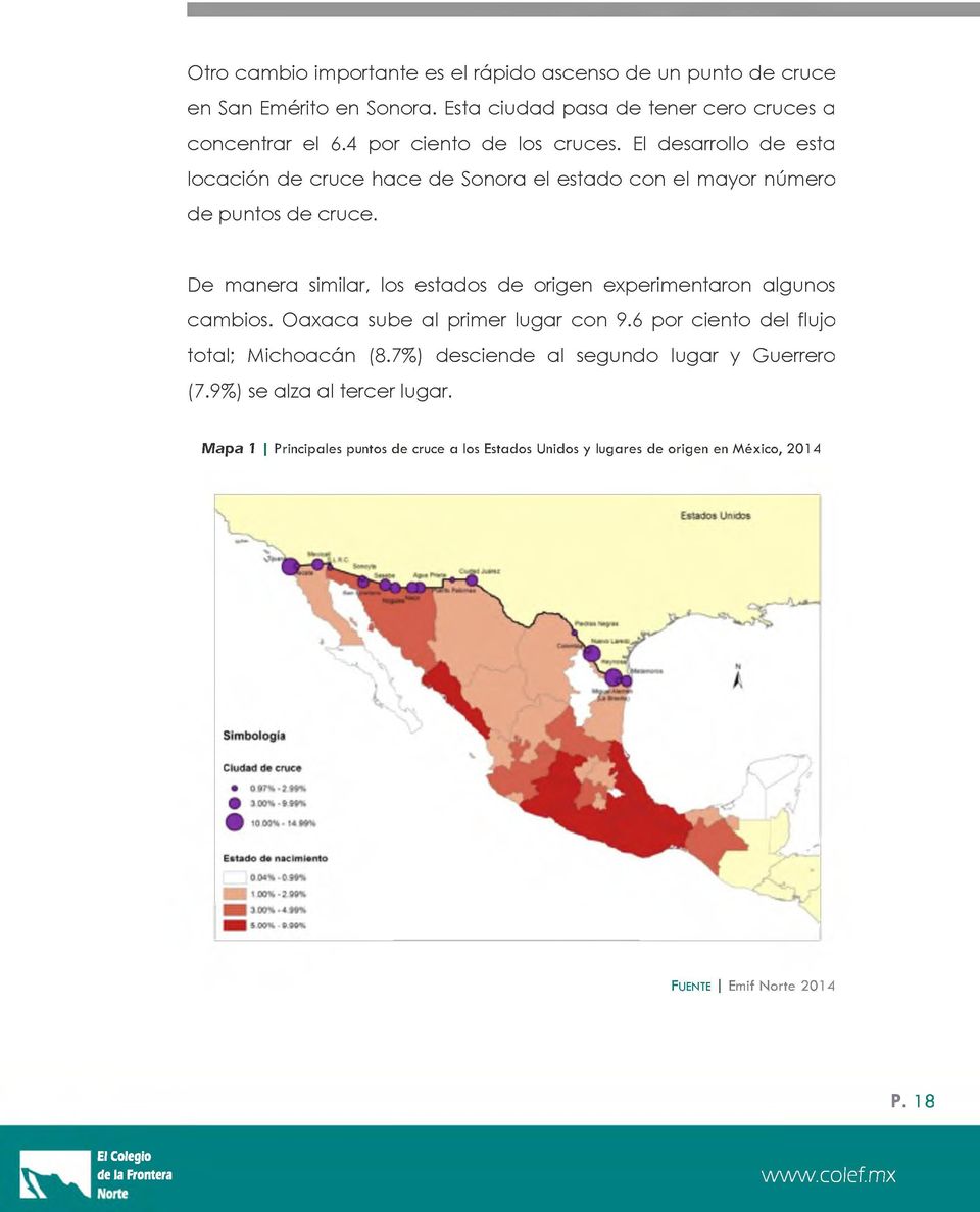 De manera similar, los estados de origen experimentaron algunos cambios. Oaxaca sube al primer lugar con 9.6 por ciento del flujo total; Michoacán (8.