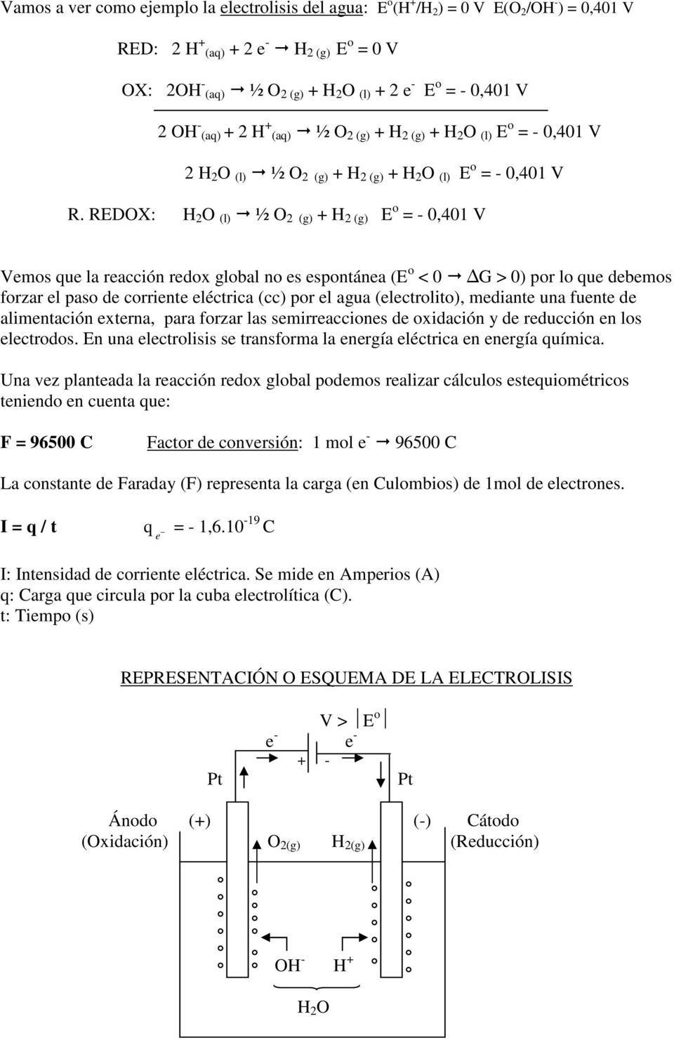 REDOX: H 2 O (l) ½ O 2 (g) + H 2 (g) E o = - 0,401 V Vemos que la reacción redox global no es espontánea (E o < 0 G > 0) por lo que debemos forzar el paso de corriente eléctrica (cc) por el agua