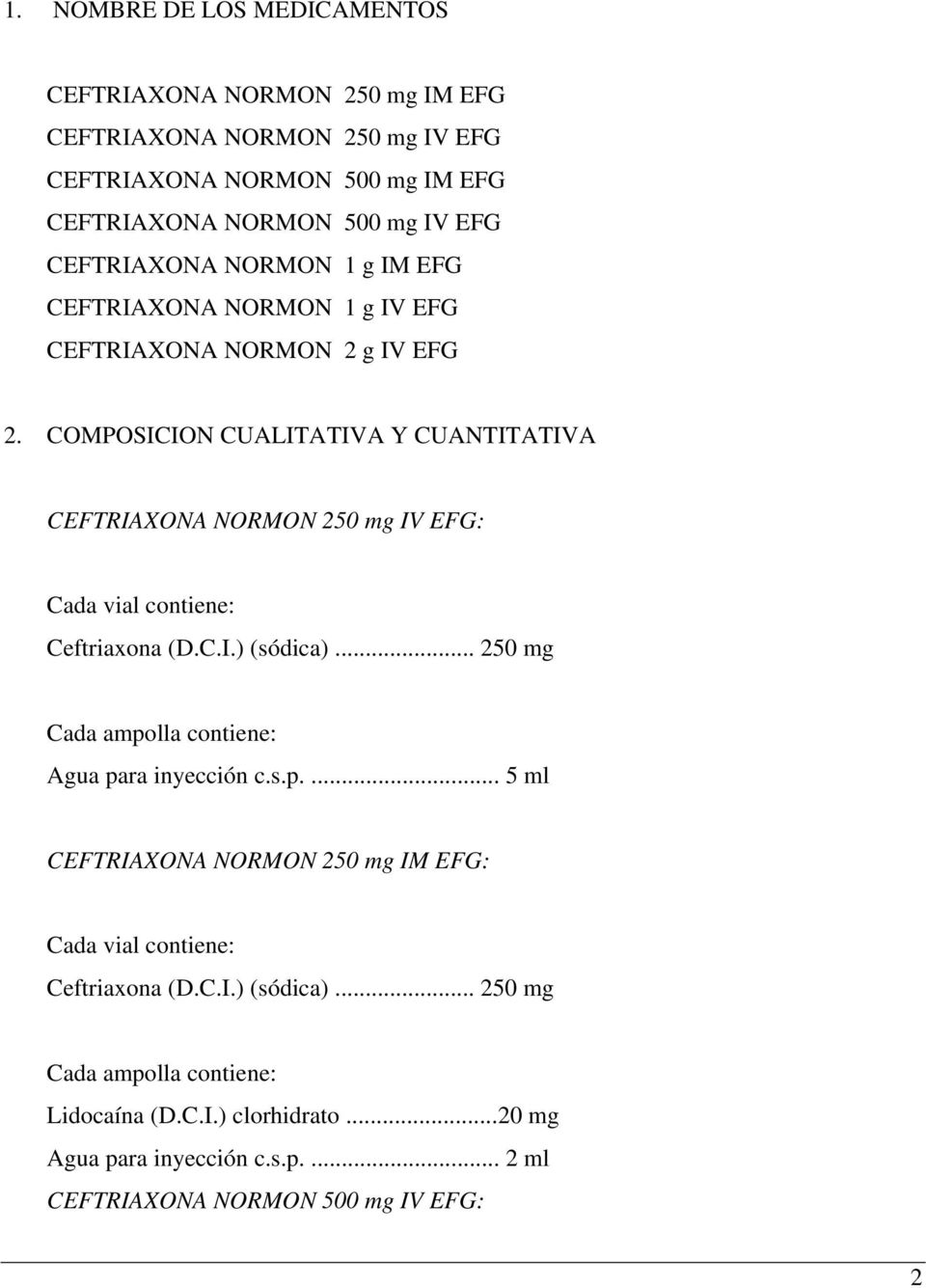 COMPOSICION CUALITATIVA Y CUANTITATIVA CEFTRIAXONA NORMON 250 mg IV EFG: Cada vial contiene: Ceftriaxona (D.C.I.) (sódica).