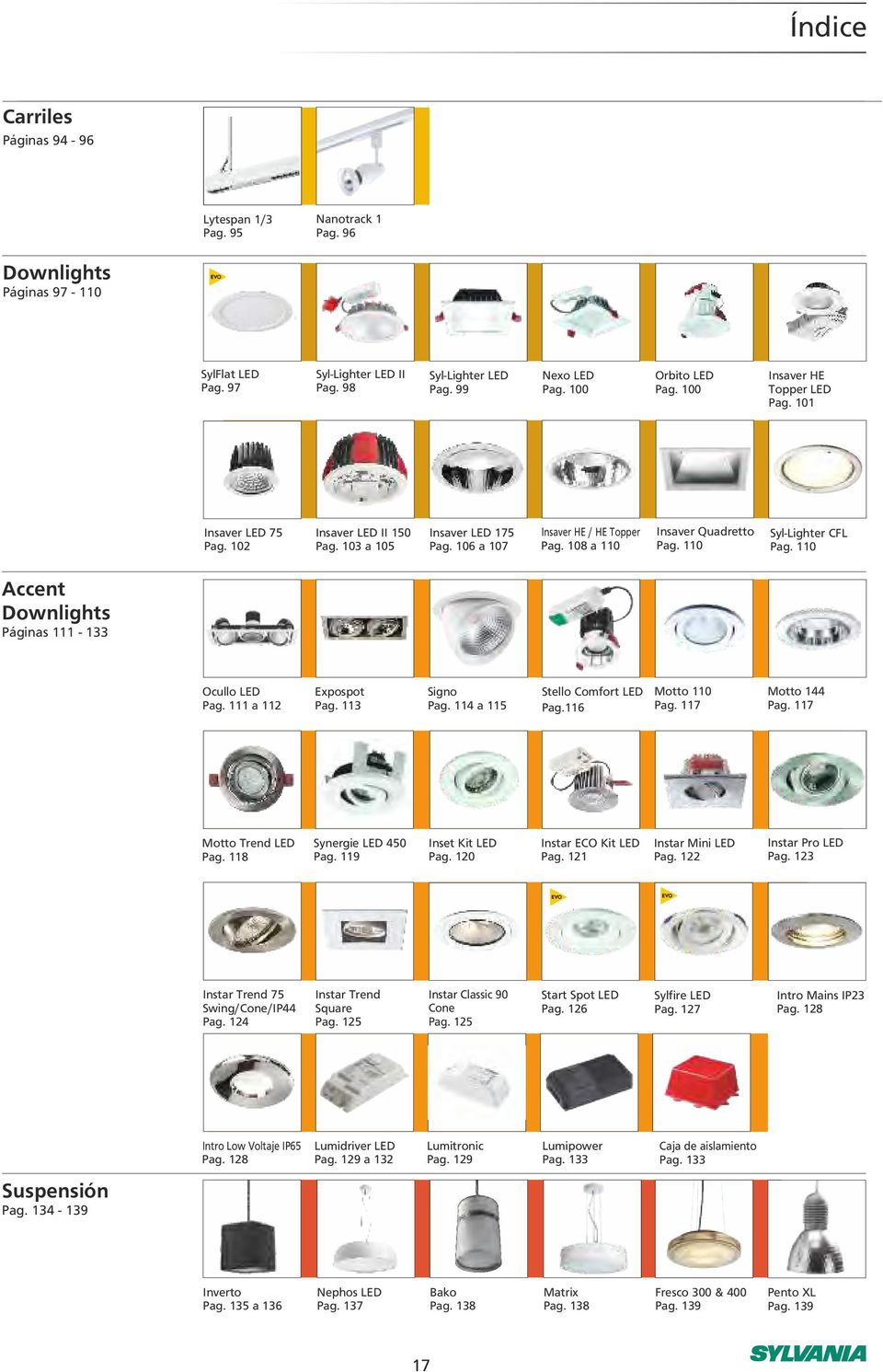 108 a 110 Insaver Quadretto Pag. 110 Syl-Lighter CFL Pag. 110 Accent Downlights Páginas 111-133 Ocullo LED Pag. 111 a 112 Expospot Pag. 113 Signo Pag. 114 a 115 Stello Comfort LED Pag.