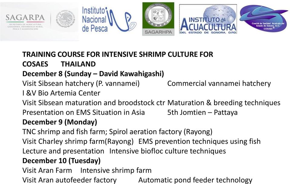 Situation in Asia 5th Jomtien Pattaya December 9 (Monday) TNC shrimp and fish farm; Spirol aeration factory (Rayong) Visit Charley shrimp farm(rayong) EMS prevention