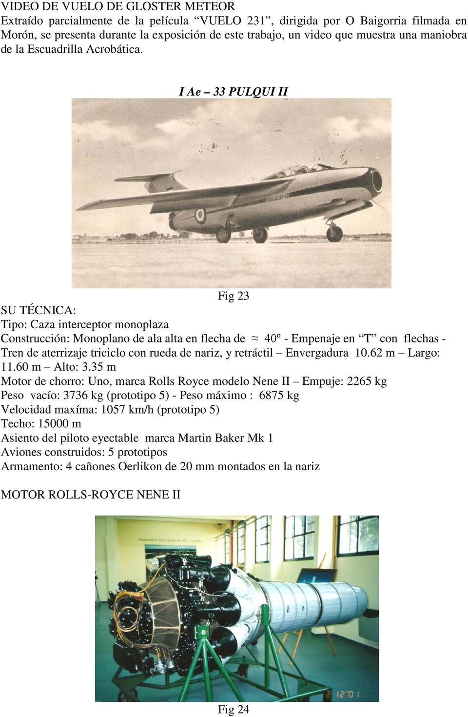 I Ae 33 PULQUI II Fig 23 SU TÉCNICA: Tipo: Caza interceptor monoplaza Construcción: Monoplano de ala alta en flecha de 40º - Empenaje en T con flechas - Tren de aterrizaje triciclo con rueda de