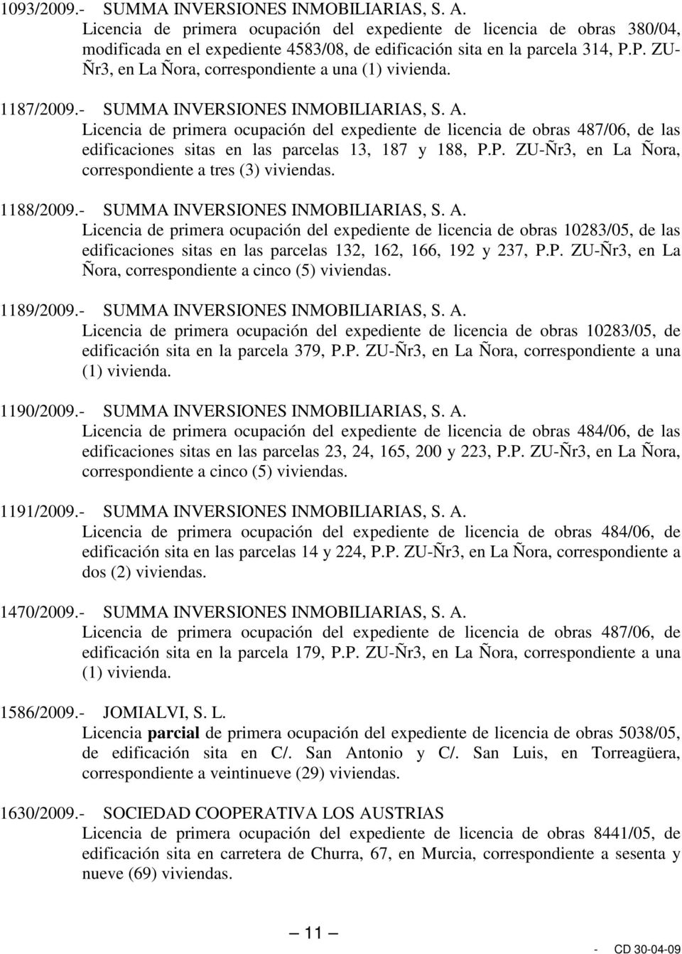 P. ZU- Ñr3, en La Ñora, correspondiente a una (1) vivienda. 1187/2009.- SUMMA INVERSIONES INMOBILIARIAS, S. A.