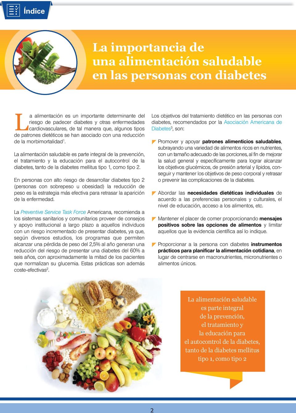 La alimentación saludable es parte integral de la prevención, el tratamiento y la educación para el autocontrol de la diabetes, tanto de la diabetes mellitus tipo 1, como tipo 2.