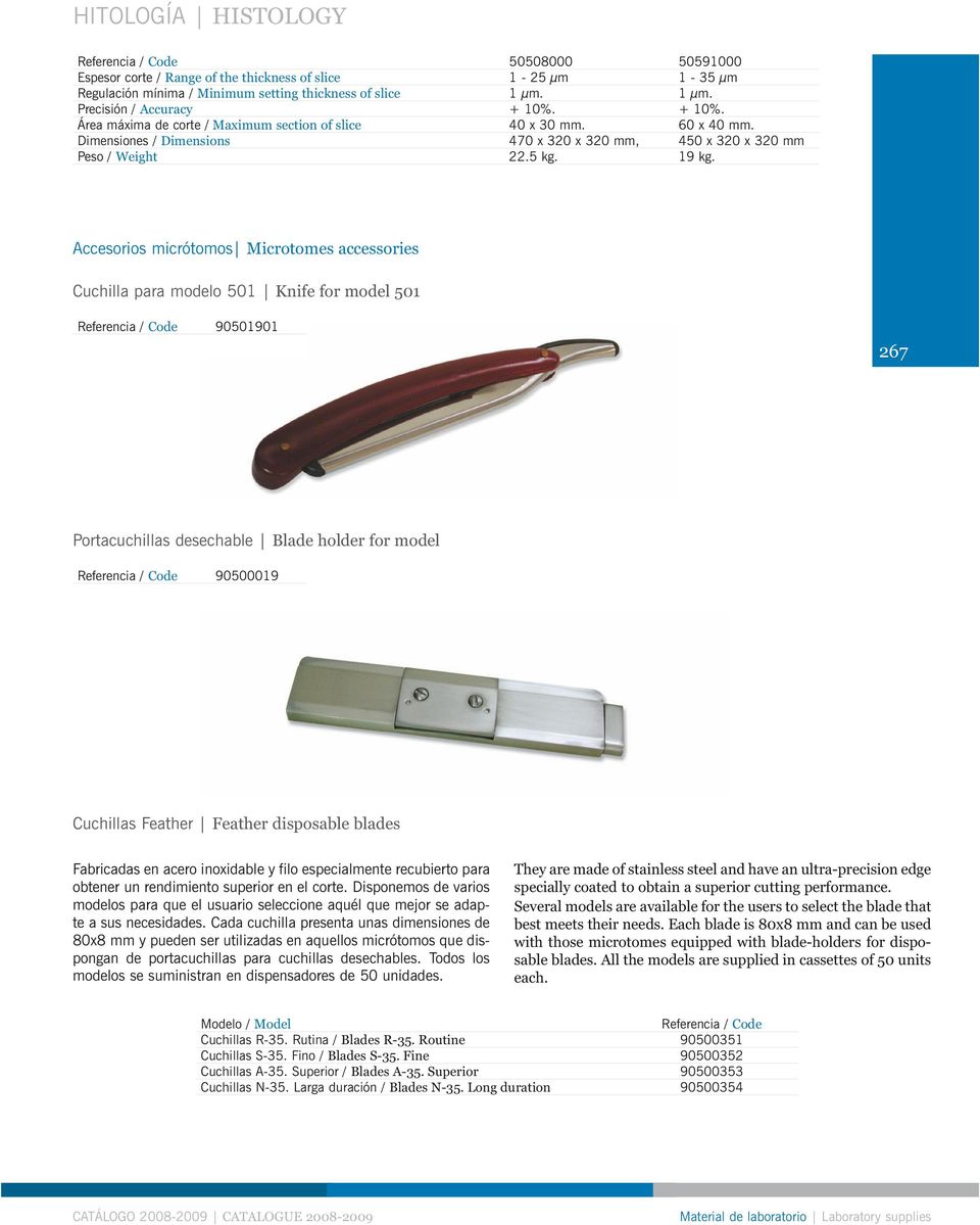 Accesorios micrótomos Microtomes accessories Cuchilla para modelo 501 Knife for model 501 Referencia / Code 90501901 267 Portacuchillas desechable Blade holder for model Referencia / Code 90500019