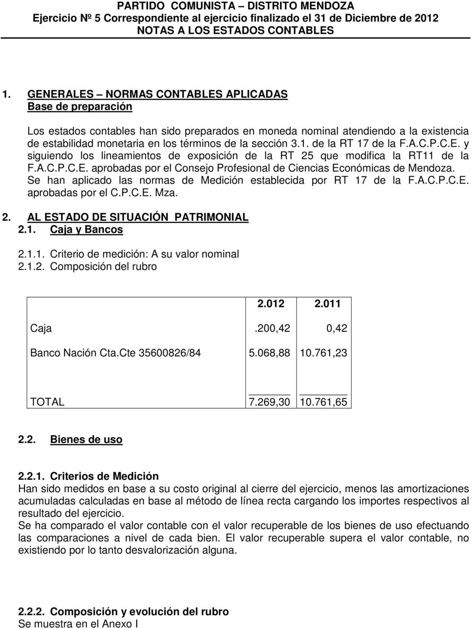 3.1. de la RT 17 de la F.A.C.P.C.E. y siguiendo los lineamientos de exposición de la RT 25 que modifica la RT11 de la F.A.C.P.C.E. aprobadas por el Consejo Profesional de Ciencias Económicas de Mendoza.