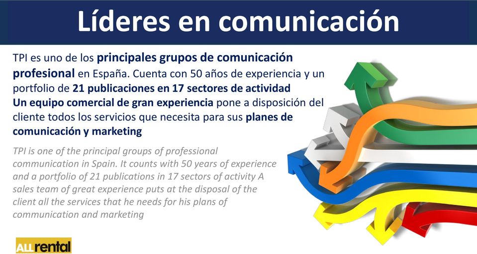 cliente todos los servicios que necesita para sus planes de comunicación y marketing TPI is one of the principal groups of professional communication in Spain.