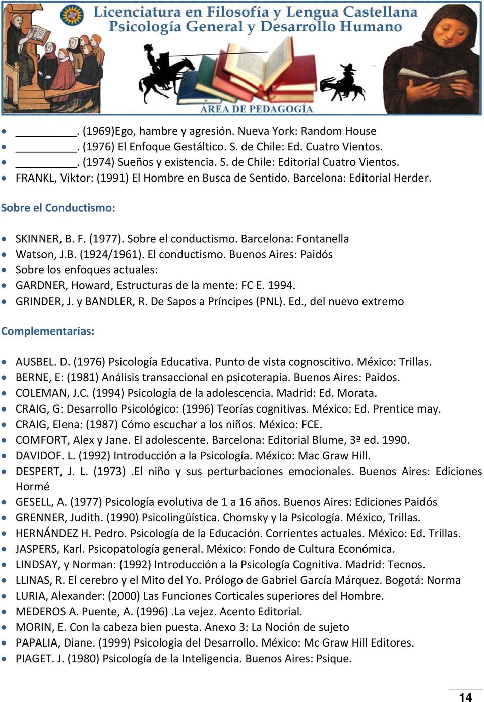El conductismo. Buenos Aires: Paidós Sobre los enfoques actuales: GARDNER, Howard, Estructuras de la mente: FC E. 1994. GRINDER, J. y BANDLER, R. De Sapos a Príncipes (PNL). Ed.