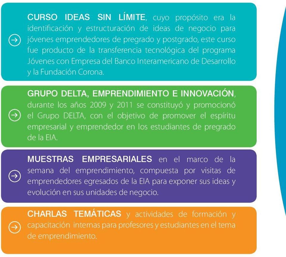 GRupO delta, EmpRENdImIENTO E INNOvaCIóN, durante los años 2009 y 2011 se constituyó y promocionó el Grupo DELTA, con el objetivo de promover el espíritu empresarial y emprendedor en los estudiantes