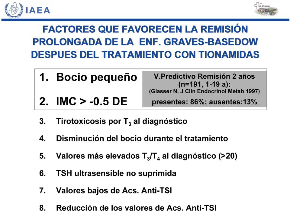 Predictivo Remisión 2 años (n=191, 1-19 a): (Glasser N, J Clin Endocrinol Metab 1997) presentes: 86%; ausentes:13% 3.