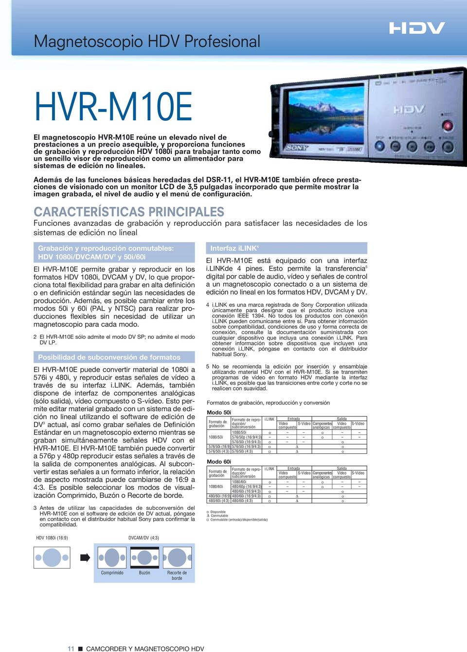 Además de las funciones básicas heredadas del DSR-11, el HVR-M10E también ofrece prestaciones de visionado con un monitor LCD de 3,5 pulgadas incorporado que permite mostrar la imagen grabada, el