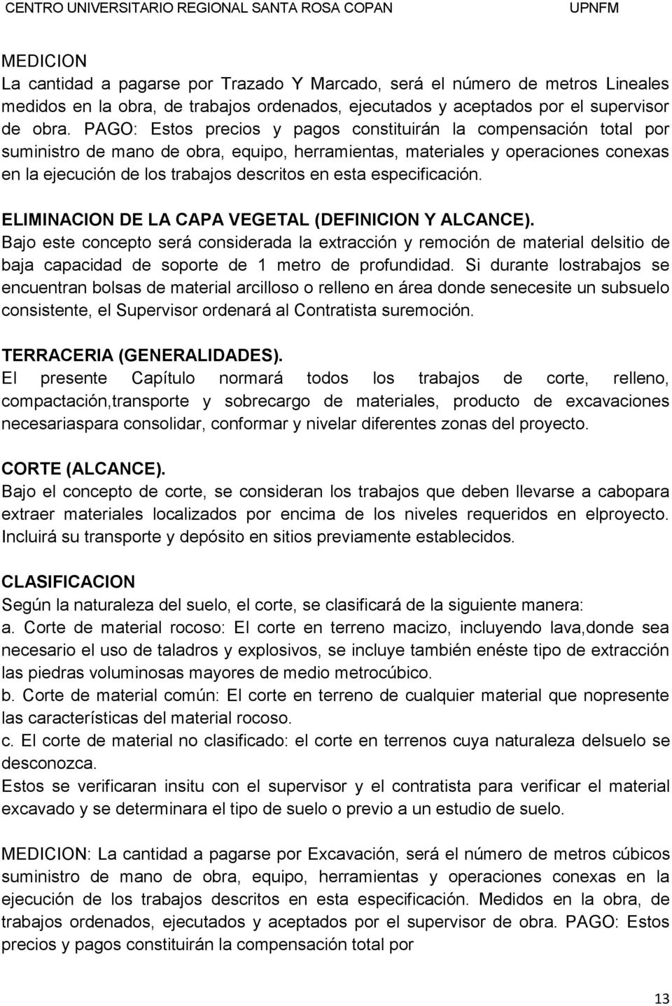 especificación. ELIMINACION DE LA CAPA VEGETAL (DEFINICION Y ALCANCE).