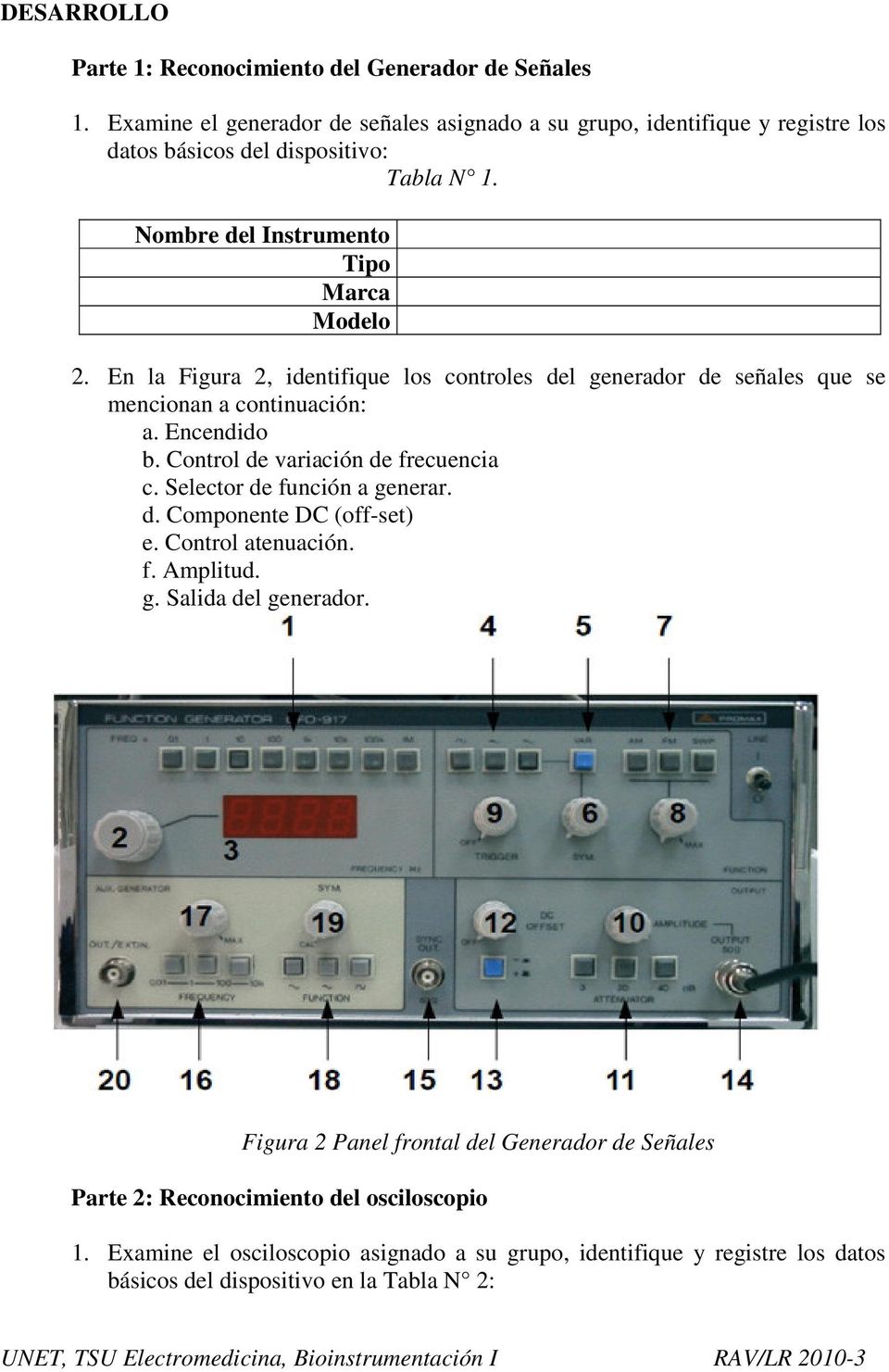 En la Figura 2, identifique los controles del generador de señales que se mencionan a continuación: a. Encendido b. Control de variación de frecuencia c.