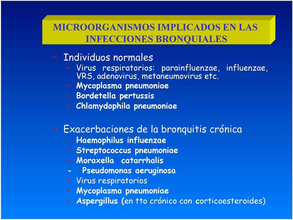 Mycoplasma pneumoniae Bordetella pertussis Chlamydophila pneumoniae Exacerbaciones de la bronquitis crónica