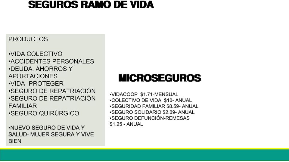 DE VIDA Y SALUD- MUJER SEGURA Y VIVE BIEN MICROSEGUROS VIDACOOP $1.