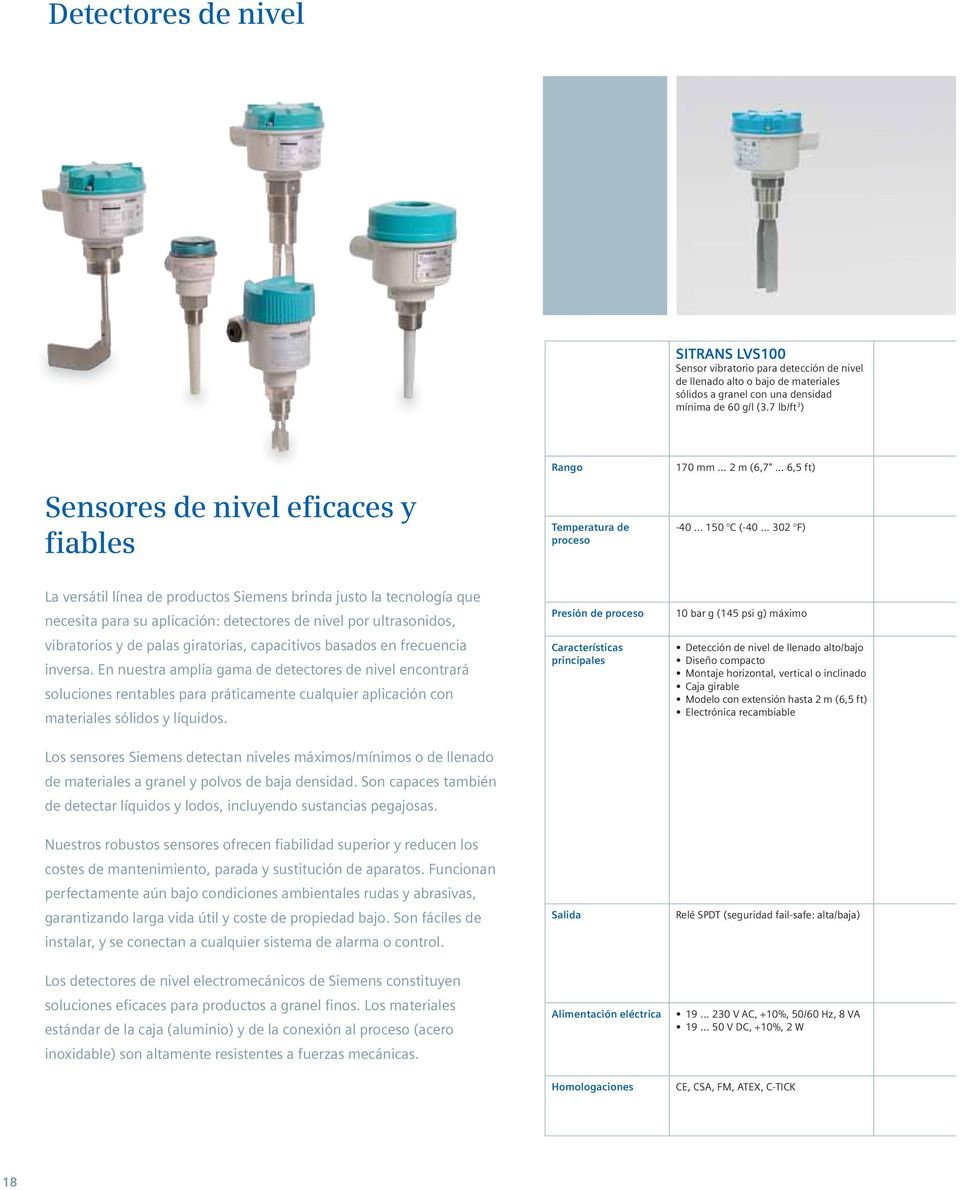 .. 302 F) La versátil línea de productos Siemens brinda justo la tecnología que necesita para su aplicación: detectores de nivel por ultrasonidos, vibratorios y de palas giratorias, capacitivos