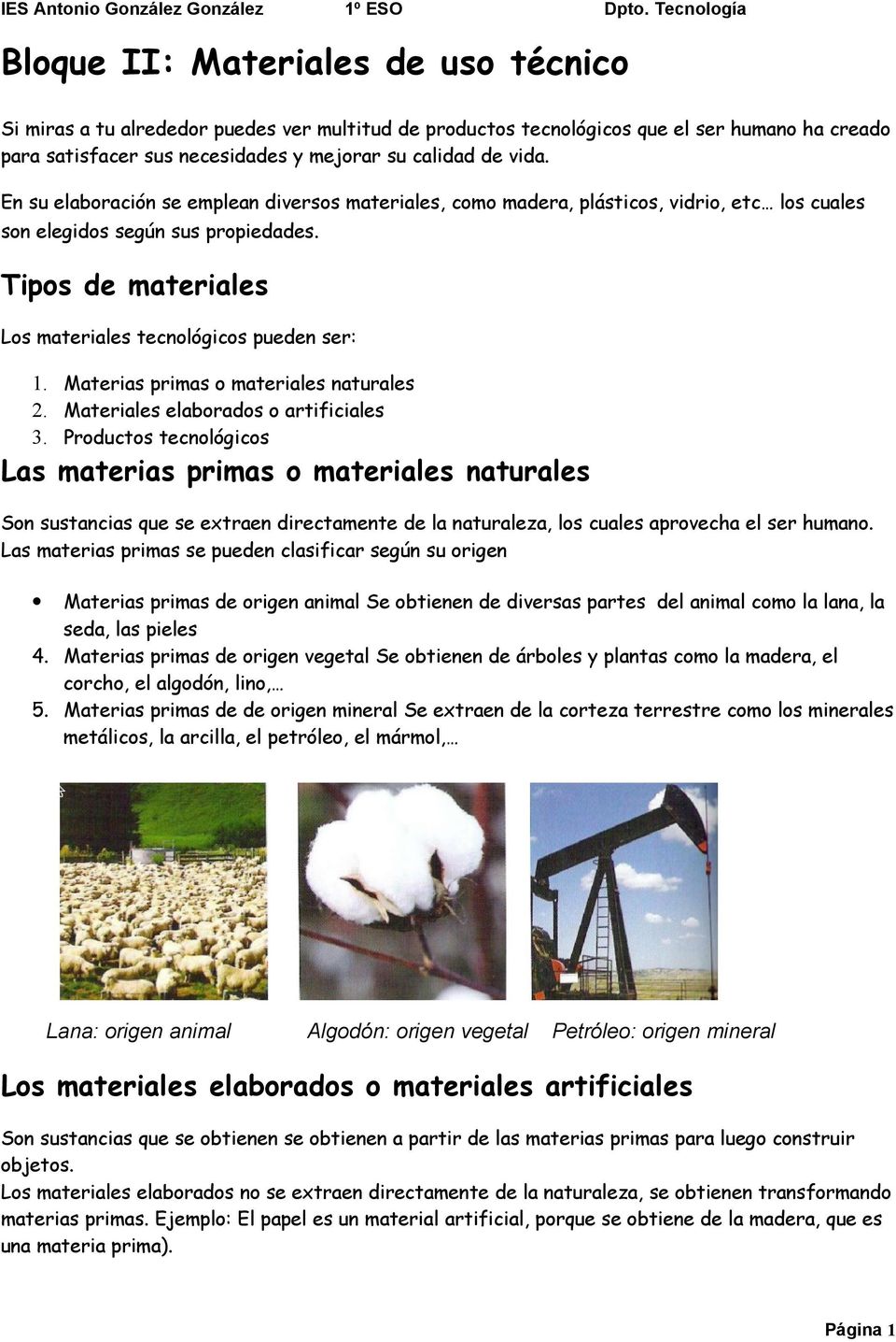 Materias primas o materiales naturales 2. Materiales elaborados o artificiales 3.