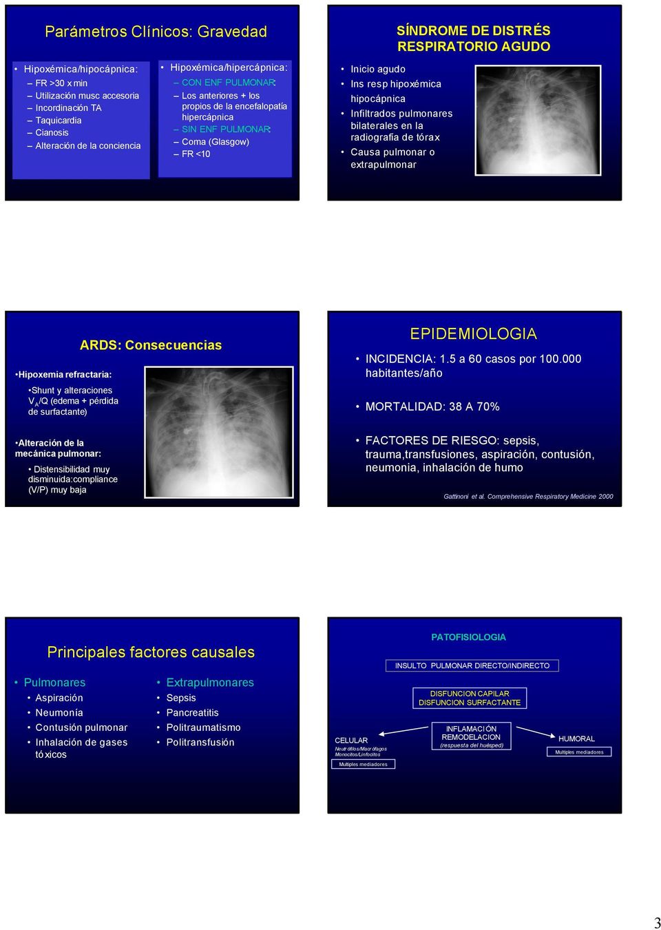 Infiltrados pulmonares bilaterales en la radiografía de tórax Causa pulmonar o extrapulmonar Hipoxemia refractaria: Shunt y alteraciones V A /Q (edema + pérdida de surfactante) Alteración de la