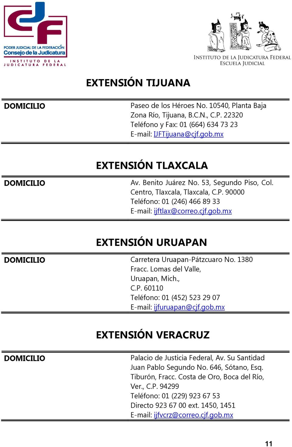 mx EXTENSIÓN URUAPAN Carretera Uruapan-Pátzcuaro No. 1380 Fracc. Lomas del Valle, Uruapan, Mich., C.P. 60110 Teléfono: 01 (452) 523 29 07 E-mail: ijfuruapan@cjf.gob.