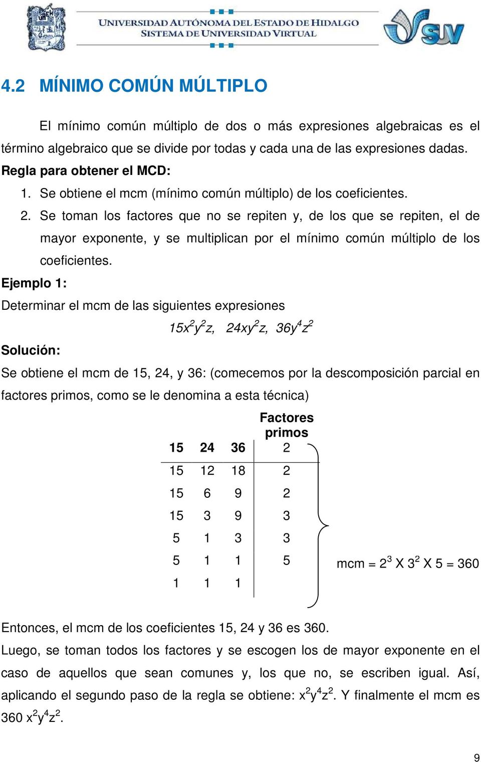 Se toman los factores que no se repiten y, de los que se repiten, el de Ejemplo 1: mayor exponente, y se multiplican por el mínimo común múltiplo de los coeficientes.