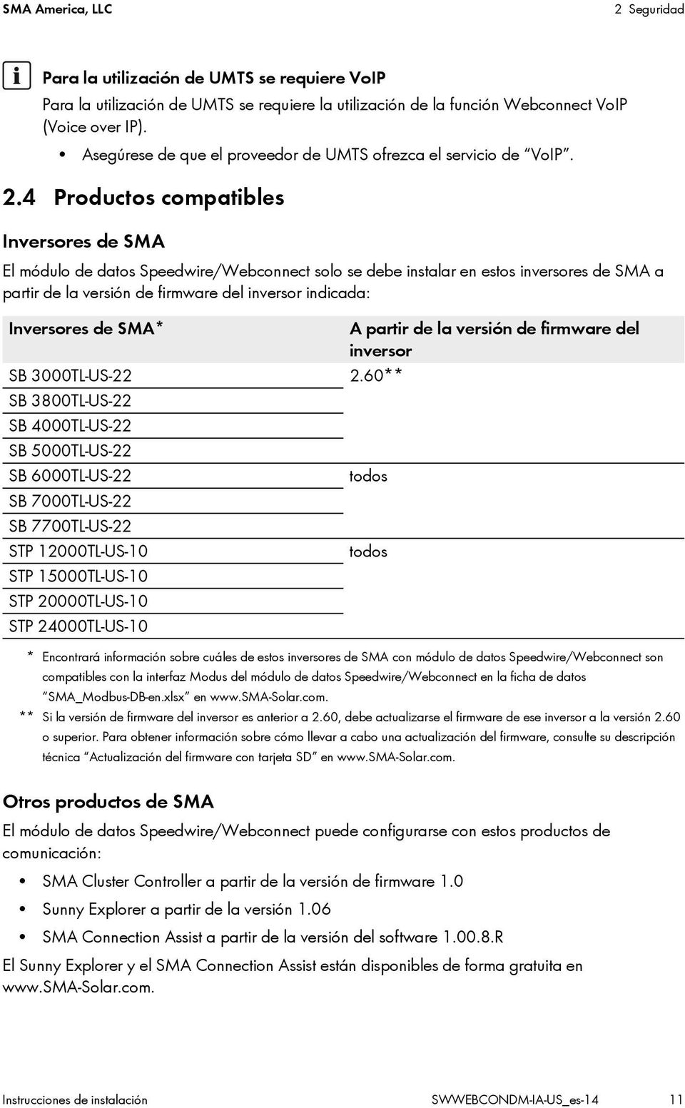4 Productos compatibles Inversores de SMA El módulo de datos Speedwire/Webconnect solo se debe instalar en estos inversores de SMA a partir de la versión de firmware del inversor indicada: Inversores