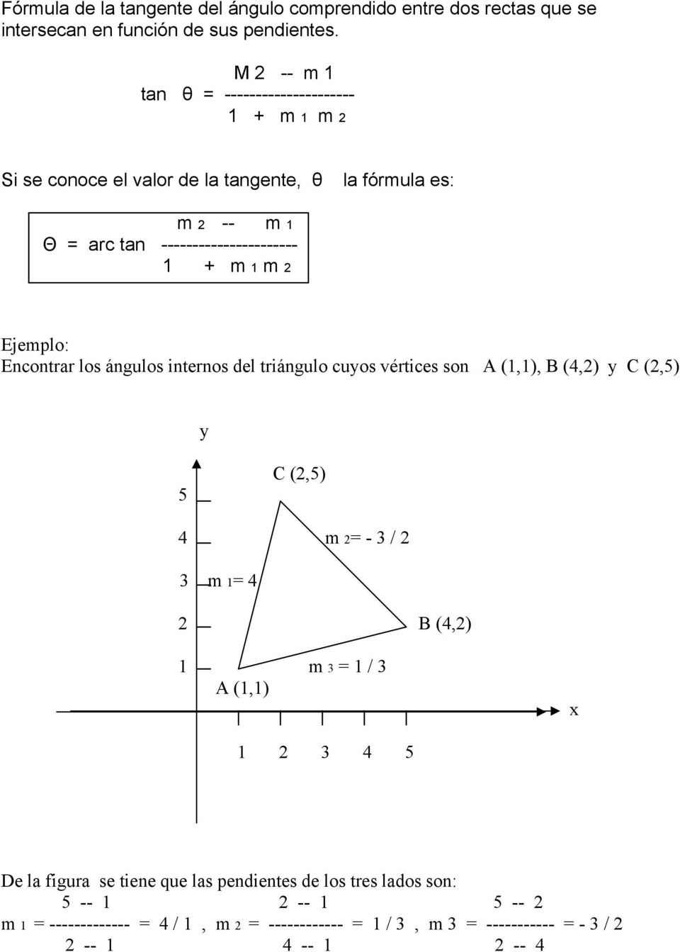 1 m Ejemplo: Encontrar los ángulos internos del triángulo cuyos vértices son A (1,1), B (4,) y C (,5) y 5 4 C (,5) m = - 3 / 3 m 1= 4 B (4,) 1 A (1,1) m