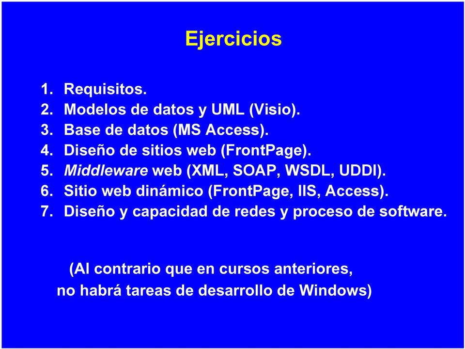 Middleware web (XML, SOAP, WSDL, UDDI). 6. Sitio web dinámico (FrontPage, IIS, Access).