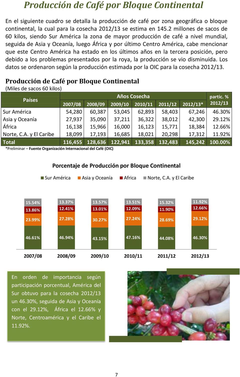 Centro América ha estado en los últimos años en la tercera posición, pero debido a los problemas presentados por la roya, la producción se vio disminuida.