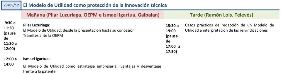 Televés) 11:30 Pilar Luzuriaga: El Molo Utilidad: s la presentación hasta su concesión Trámites ante la OEPM
