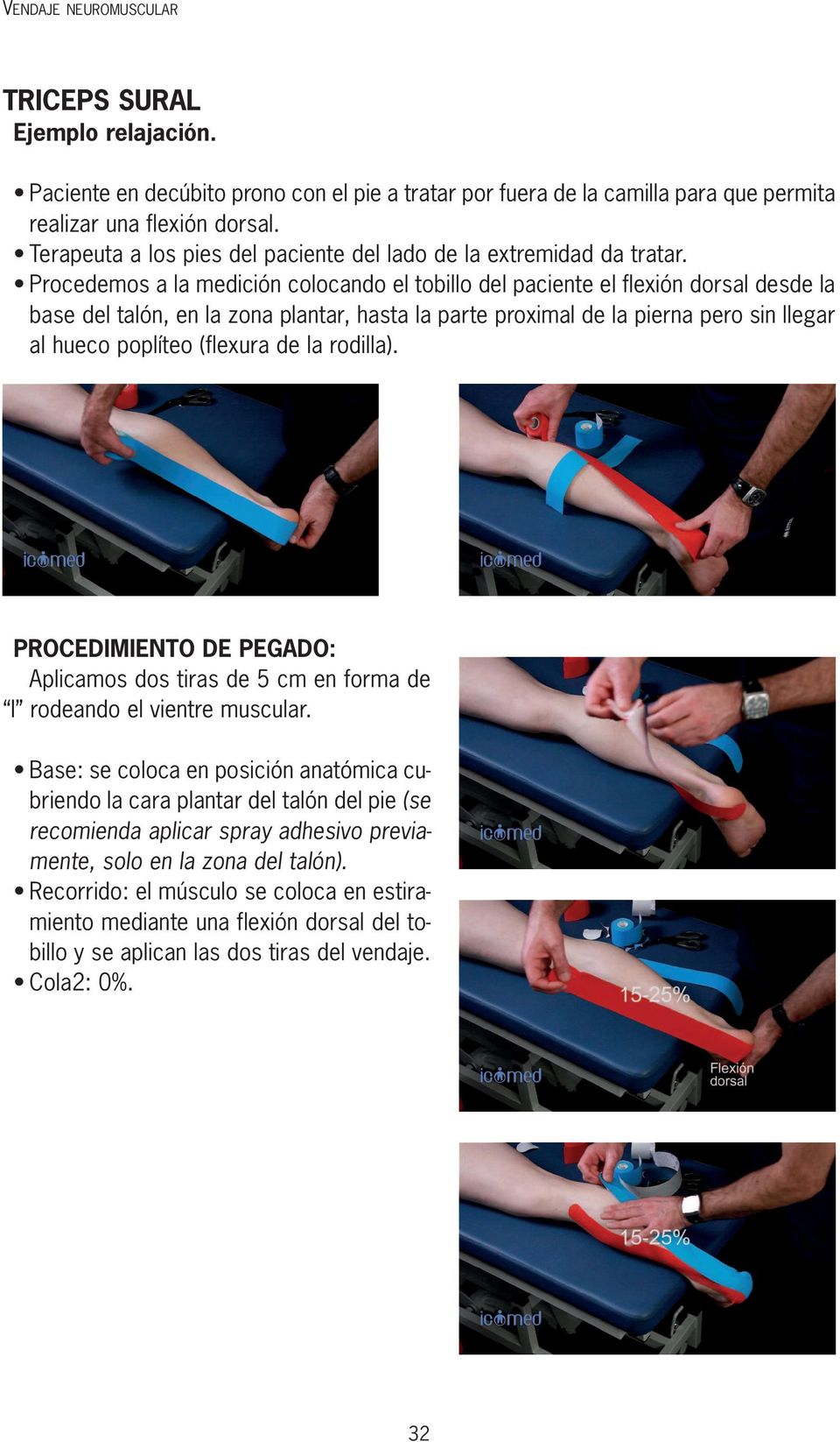 Procedemos a la medición colocando el tobillo del paciente el flexión dorsal desde la base del talón, en la zona plantar, hasta la parte proximal de la pierna pero sin llegar al hueco poplíteo
