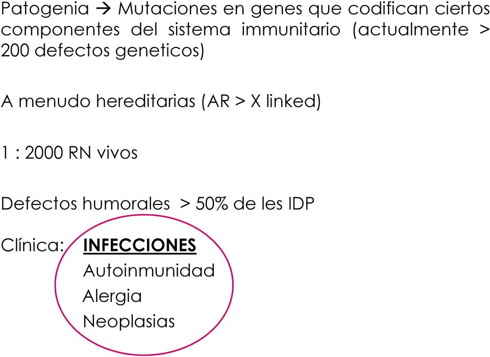 hereditarias (AR > X linked) 1 : 2000 RN vivos Defectos humorales >
