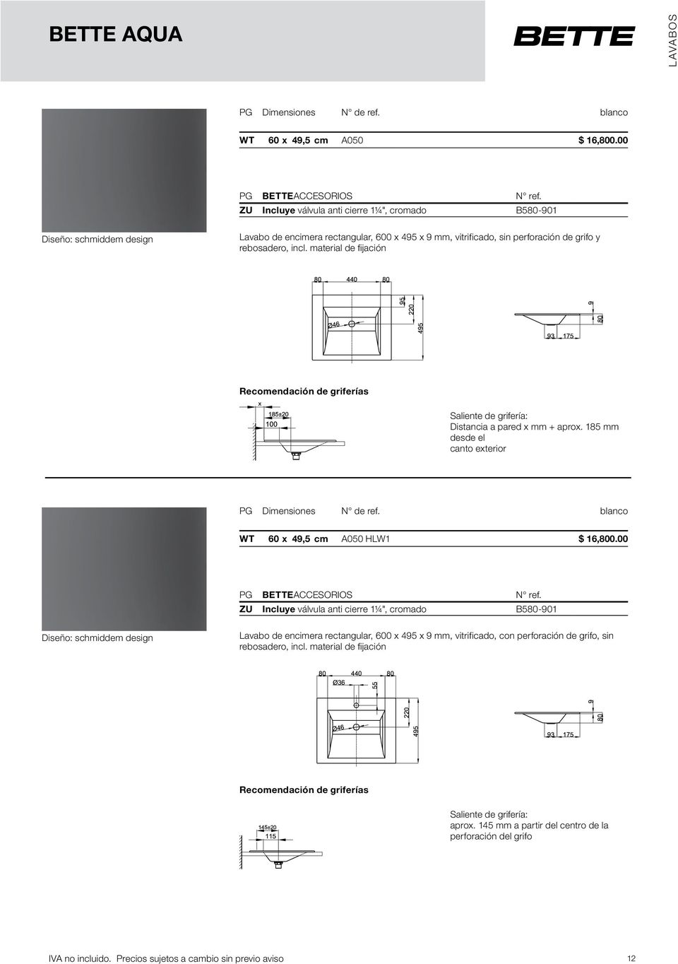 material de fijación Recomendación de griferías Saliente de grifería: Distancia a pared x mm + aprox. 185 mm desde el canto exterior PG Dimensiones N de ref.