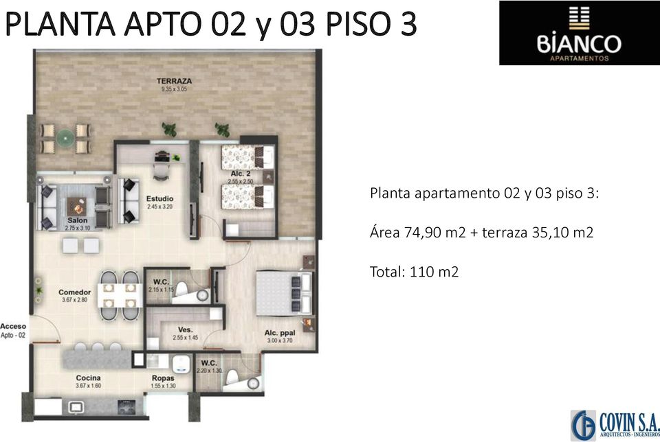 piso 3: Área 74,90 m2 +