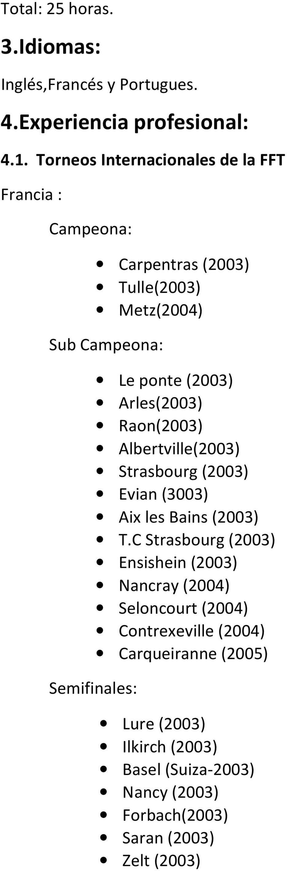 Arles(2003) Raon(2003) Albertville(2003) Strasbourg (2003) Evian (3003) Aix les Bains (2003) T.