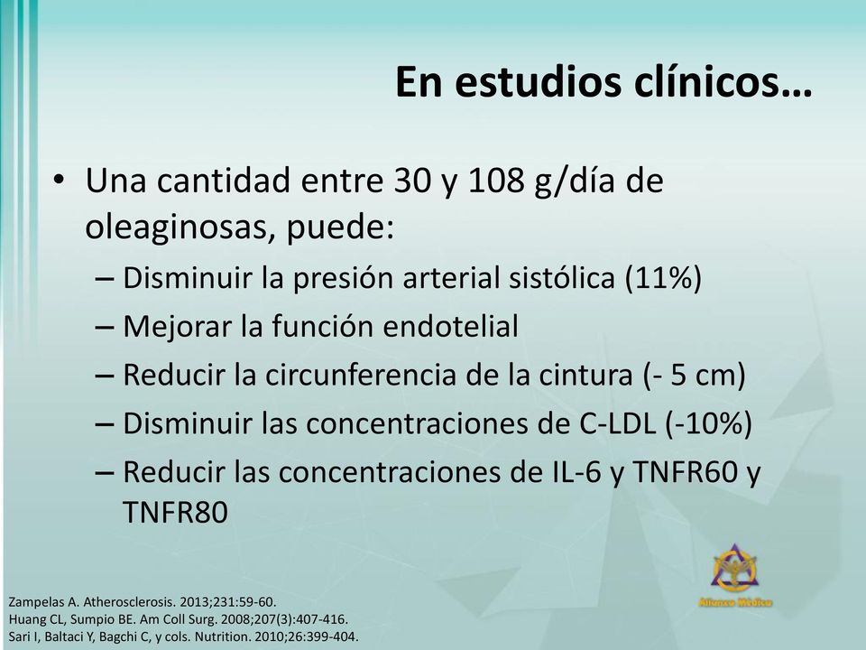 concentraciones de C-LDL (-10%) Reducir las concentraciones de IL-6 y TNFR60 y TNFR80 Zampelas A. Atherosclerosis.