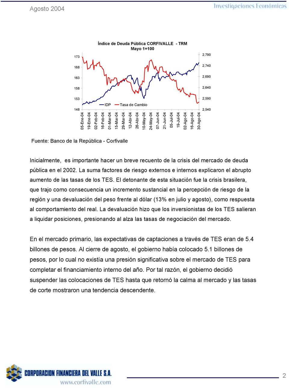 breve recuento de la crisis del mercado de deuda pública en el 2002. La suma factores de riesgo externos e internos explicaron el abrupto aumento de las tasas de los TES.