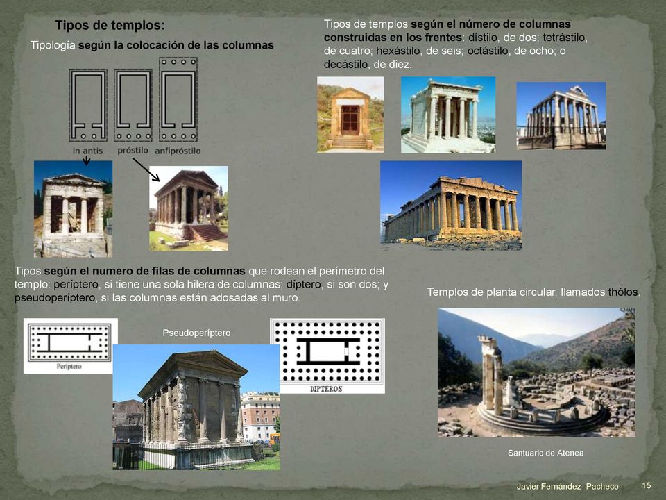 Tipos según el numero de filas de columnas que rodean el perímetro del templo: períptero, si tiene una sola hilera de columnas;