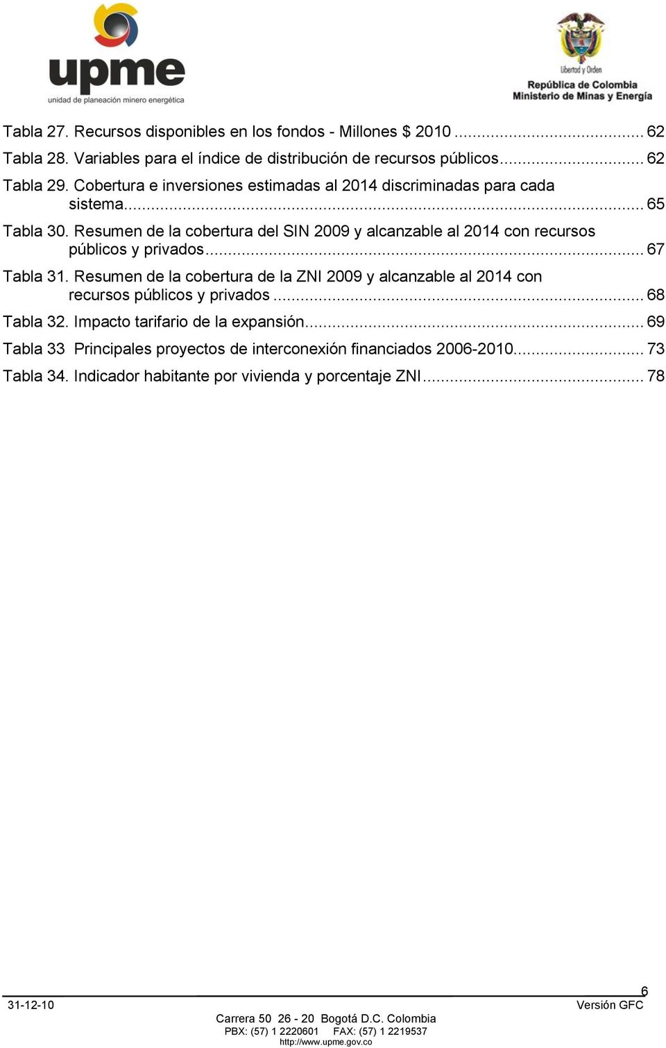 Resumen de la cobertura del SIN 2009 y alcanzable al 2014 con recursos públicos y privados... 67 Tabla 31.