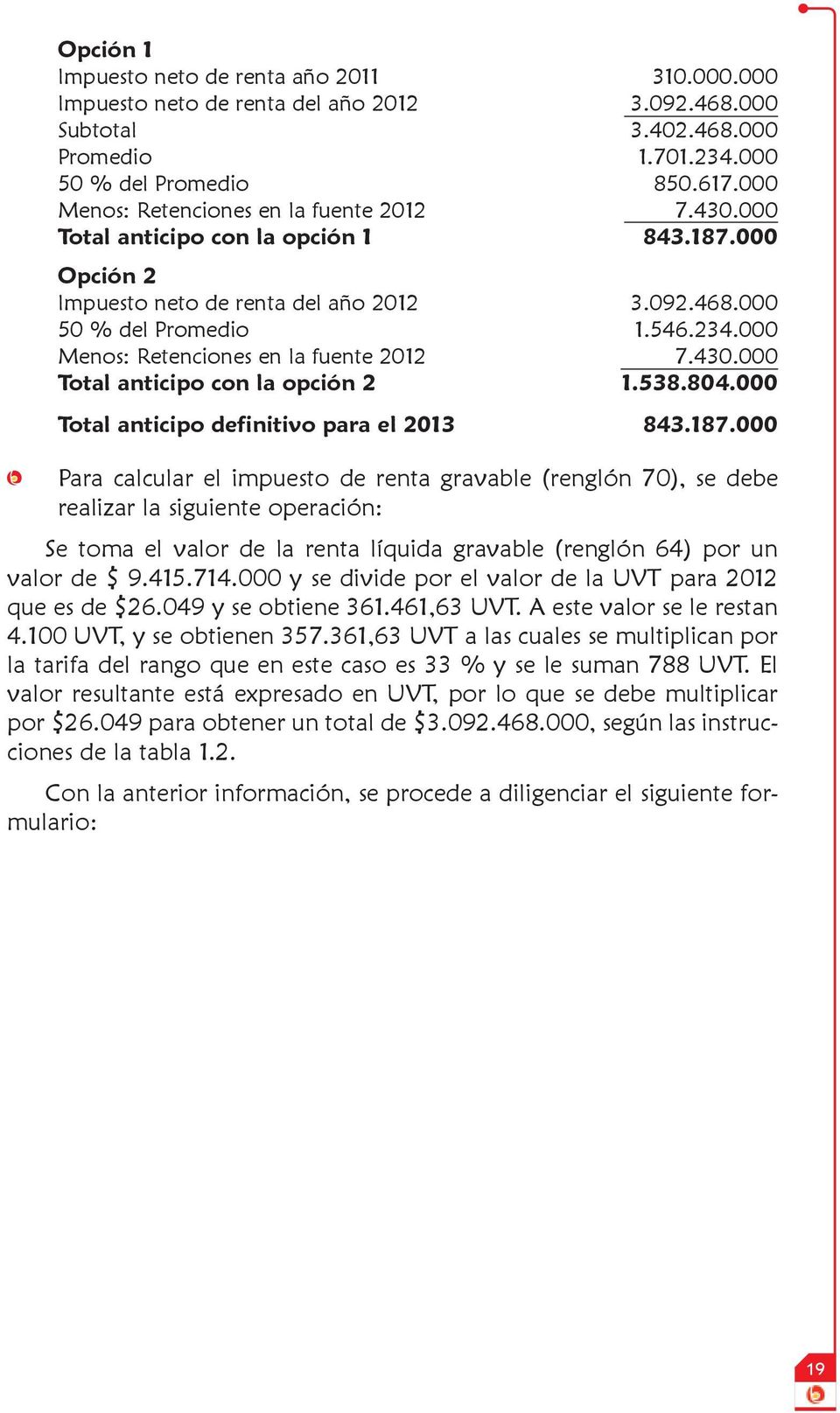 000 Menos: Retenciones en la fuente 2012 7.430.000 Total anticipo con la opción 2 1.538.804.000 Total anticipo definitivo para el 2013 843.187.