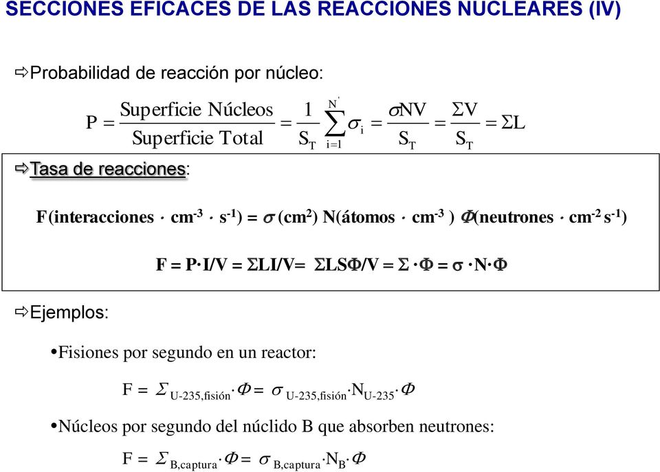 F(neutrones cm -2 s -1 ) F = P I/V = SLI/V SLSF/V S F = s N F Ejemplos: Fisiones por segundo en un reactor: F = S