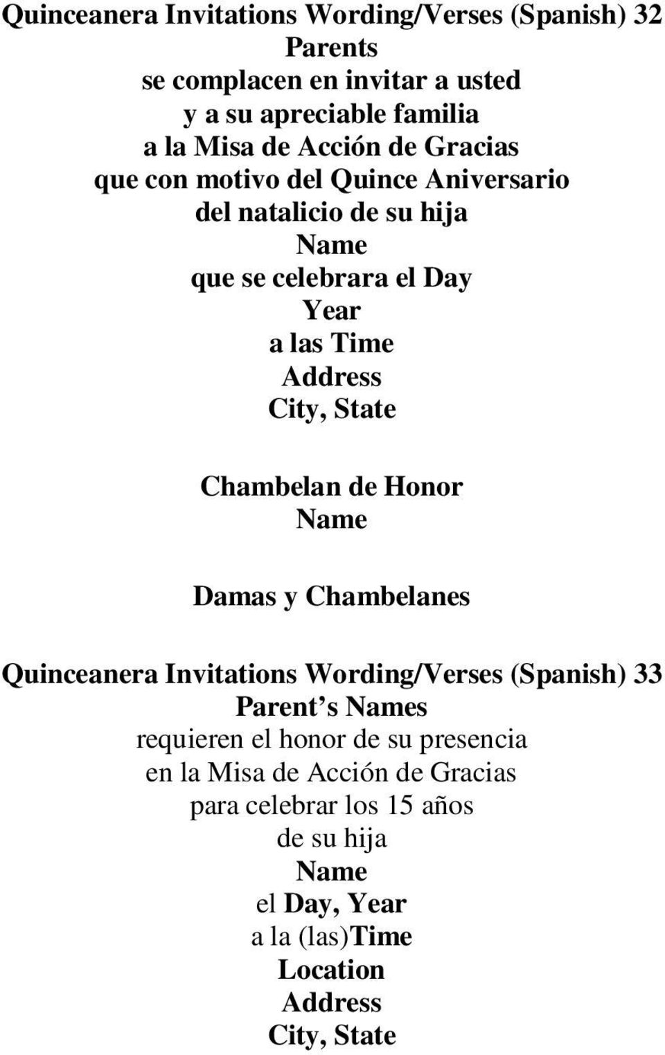 celebrara el a las Chambelan de Honor Damas y Chambelanes Quinceanera Invitations Wording/Verses (Spanish)