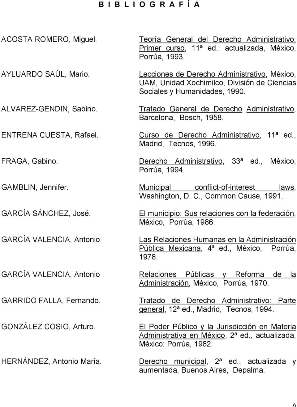 Tratado General de Derecho Administrativo, Barcelona, Bosch, 1958. Curso de Derecho Administrativo, 11ª ed., Madrid, Tecnos, 1996. Derecho Administrativo, 33ª ed., México, Porrúa, 1994.