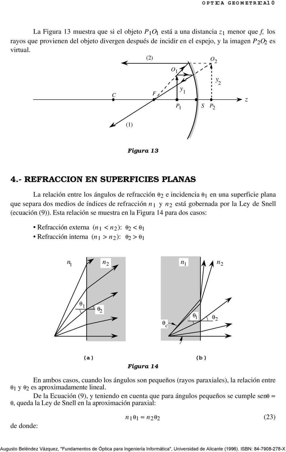 - EFACCION EN SUPEFICIES PLANAS La relación entre los ángulos de refracción θ2 e incidencia θ en una superficie plana que separa dos medios de índices de refracción n n 2 está gobernada por la Le de