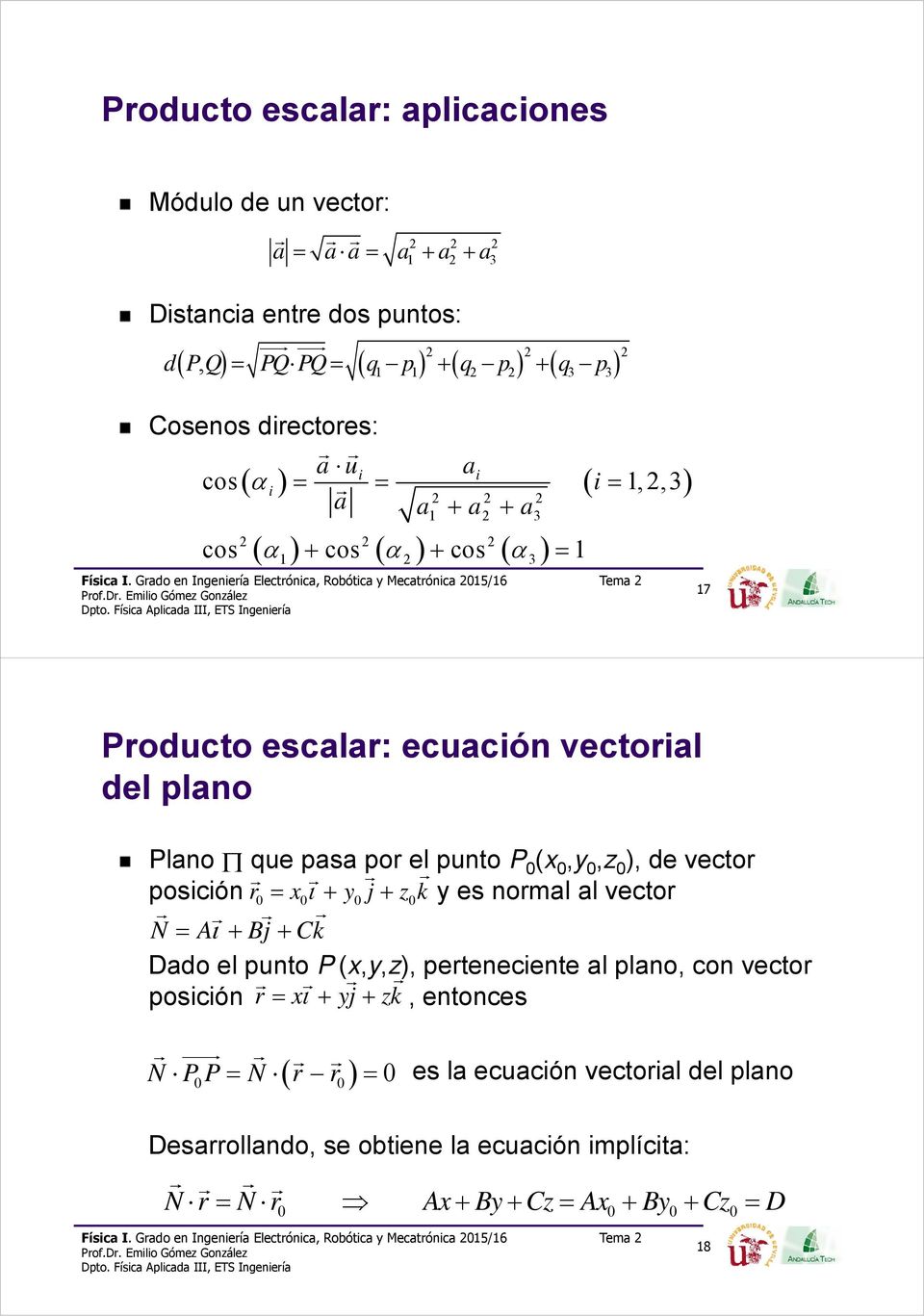 punto P 0 (x 0,y 0,z 0 ), de vector posición r0 x0 y0j z0k y es normal al vector N A Bj Ck Dado el punto P (x,y,z), perteneciente al plano, con vector