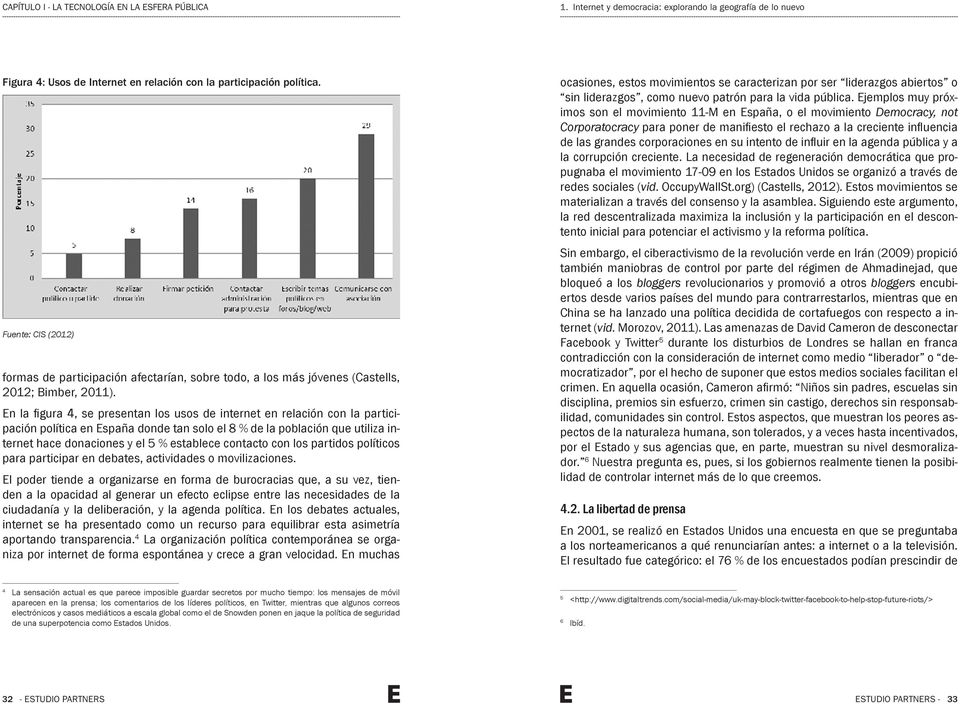 En la figura 4, se presentan los usos de internet en relación con la participación política en España donde tan solo el 8 % de la población que utiliza internet hace donaciones y el 5 % establece