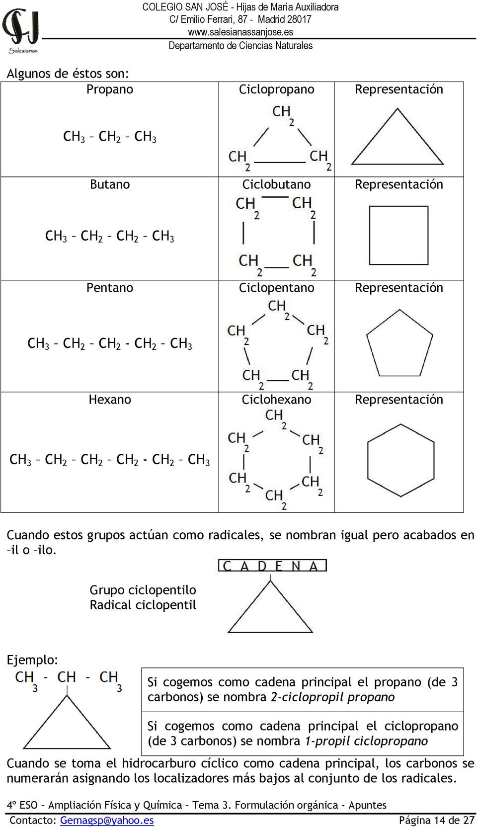 Grupo ciclopentilo Radical ciclopentil Ejemplo: Si cogemos como cadena principal el propano (de 3 carbonos) se nombra 2-ciclopropil propano Si cogemos como cadena principal el ciclopropano (de 3