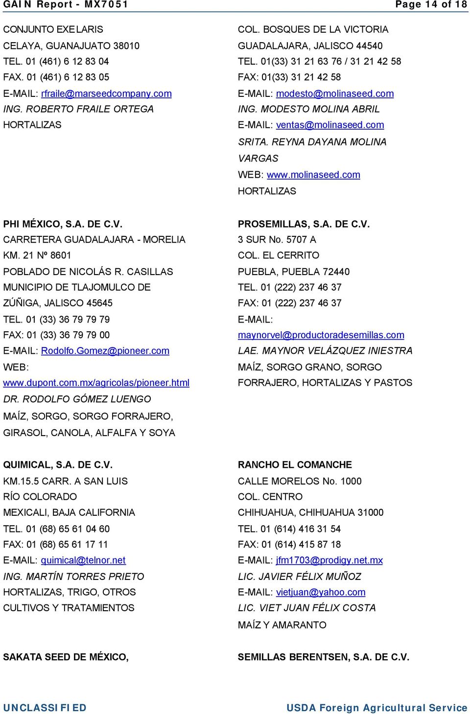 REYNA DAYANA MOLINA VARGAS WEB: www.molinaseed.com PHI MÉXICO, S.A. DE C.V. PROSEMILLAS, S.A. DE C.V. CARRETERA GUADALAJARA - MORELIA 3 SUR No. 5707 A KM. 21 Nº 8601 COL.